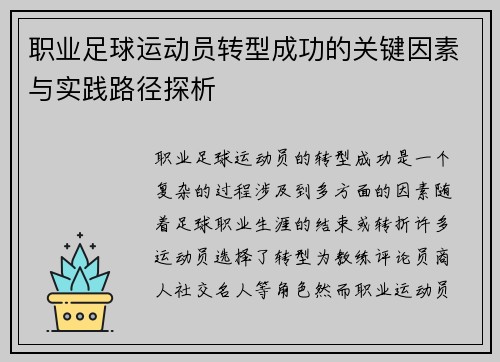 职业足球运动员转型成功的关键因素与实践路径探析
