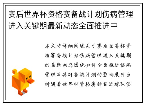 赛后世界杯资格赛备战计划伤病管理进入关键期最新动态全面推进中 赛后世界杯资格赛备战计划伤病管理进入关键期最新动态全面推进中
